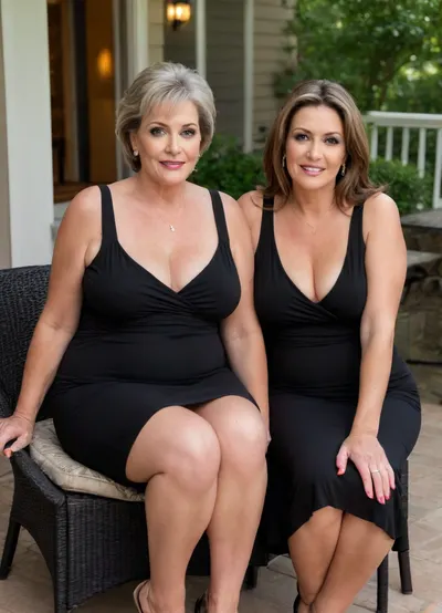 Two mature women, sitting, a full body photo of two full figure ssbbw brunette gilf, s, 60 years old, mature, thick, big hips, (mature:1.5), (no bra, covered nipples), big smile, (captivating striking amber eyes:1.3), flirting with viewer, beautiful face, huge, waist, ((wearing a sleeveless black loose minidress)), plunging neckline, sagging cleavage, birthday party in her home patio in the USA suburbs, best quality