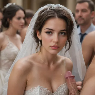 Beautiful brunette babe in wedding dress surrounded by several guys. She is sucking them off and is also covered in some of their cum already