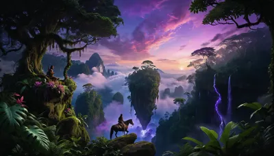 (Vibrant, awe-inspiring, fantastical rainforest landscape:1.3), towering, (floating islands:1.2), covered in lush, dense foliage, vibrant green moss, and sprawling vines, ((bioluminescent purple and blue glow emanating from within the rocks and plants)), 1.4, connected by natural bridges, mystical atmosphere, ancient temples built into the rock, distant jagged mountains piercing through a soft, hazy cloud layer, (early morning twilight:1.1), with a celestial pink and lavender gradient sky, ((a lone indigenous rider on a flying creature soaring through the forest below)), 1.3, intricate plant life in the foreground, highly detailed, photorealistic, cinematic lighting, volumetric fog, ethereal, epic scale, octane render, 8k, masterpiece, global illumination, atmospheric perspective