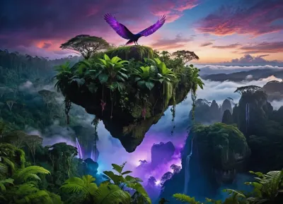 (Vibrant, awe-inspiring, fantastical rainforest landscape:1.3), towering, (floating islands:1.2), covered in lush, dense foliage, vibrant green moss, and sprawling vines, ((bioluminescent purple and blue glow emanating from within the rocks and plants)), 1.4, connected by natural bridges, mystical atmosphere, ancient temples built into the rock, distant jagged mountains piercing through a soft, hazy cloud layer, (early morning twilight:1.1), with a celestial pink and lavender gradient sky, ((a lone indigenous rider on a flying creature soaring through the forest below)), 1.3, intricate plant life in the foreground, highly detailed, photorealistic, cinematic lighting, volumetric fog, ethereal, epic scale, octane render, 8k, masterpiece, global illumination, atmospheric perspective