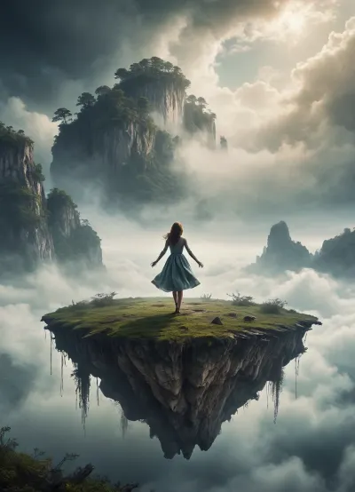 Imagine a photo of a women floating in the sky on a flying island. shrouded in soul aura and decay fog. Three levels. shallow depth of field, parallax. /©KlTTY-ART/