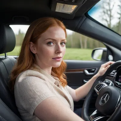 32 year old ginger driving a 2025 Mercedes Benz car, facing the road, hands on the steering wheel, view from passengers side.