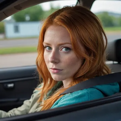 32 year old ginger driving a car, viewing from outside the vehicle