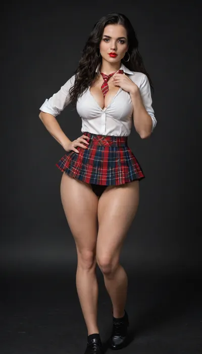 (location on a black background), Hermione Granger young Bimbo witch with freckles sexy body, dynamic pose, (huge bimbo breasts:1.1), (decollete:1.2), (bulging big ass:1.4), (wide hips:1.6), freckles, (thin waist), (long thin slender legs:1.1), (long hair), (black hair:1.6), (straight styled hair:1.1), (makeup), red lips, white school blouse, school checkered skirt, school tie, (black lace stockings:1.1), school costume, <lora:add-detail-xl:.8>