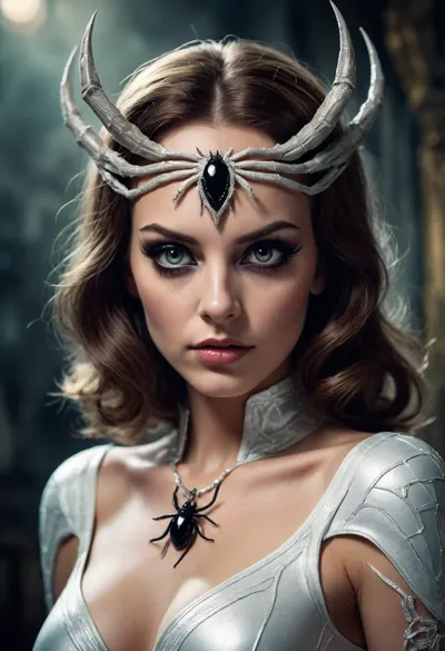 spider queen white eyes 70s comic fantasy art vintage style retro comic female villain mysterious beauty dark fantasy graphic novel art