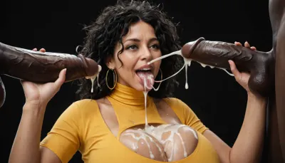 white curvy black african woman, long straight black hair, messy hair, (milf:1.2), dark eyes, yellow spandex top with turtleneck, massive breasts, amused, surprised, happy, licking the head of a massive cock of a black african male with a gigantic thick 25 inch penis, huge erection, handjob, cumshot on tongue, (ejaculation:1.2), excessive cum on breasts, cum on tongue, cum dripping from tongue, black room, black background.