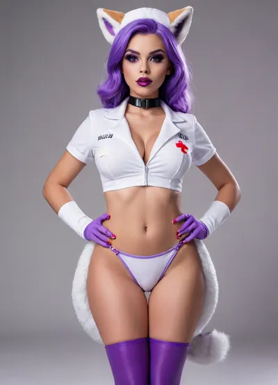 sexy toon female furry fox, fit body with wide lean hips, dressed as a nurse, full-body front view, plain background, (big purple lips:1.5), (makeup:1.4), <lora:early621-000002:.8>