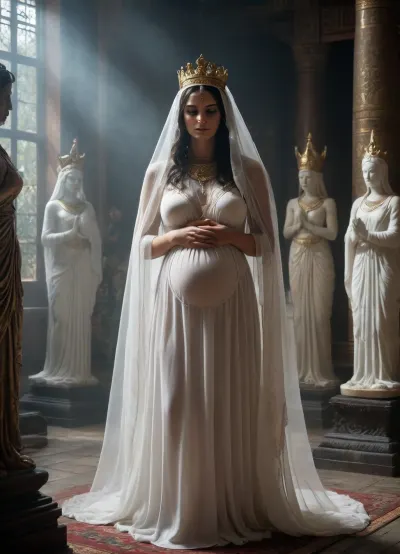 very ancient temple, altar, priests, a lot of sexy godess statue, dark summerian cult, in foreground a very pregnant dark priestess in white transparent antique dress, transparent veil cover her face very ancient temple, altar, priests, a lot of sexy godess statue, dark summerian cult, in foreground a very pregnant dark priestess in white transparent antique dress, transparent veil cover her face