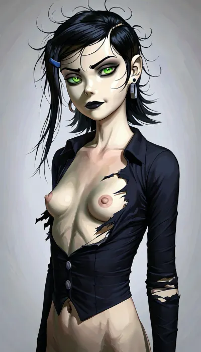 petite student, shaved pussy, torn open clothes, black messy hair, goth, gothic style, (small saggy breasts), ((half body visible)), close-up, petite model, naturally sagging breasts, young, quite young, young woman, 18 years old, perfect face, bright green eyes, pretty, petite body, smoky eyes, full body photo, beautiful face, handslora, (/Ben10), /, (ultra, HD, quality, details), (green, eyes), <lora:SDXLHighDetail_v6-000005:2>, <lora:LCMTurboMix_Euler_A_fix:2>, <lora:590198_training_data:2>, <lora:MJ52:.8>