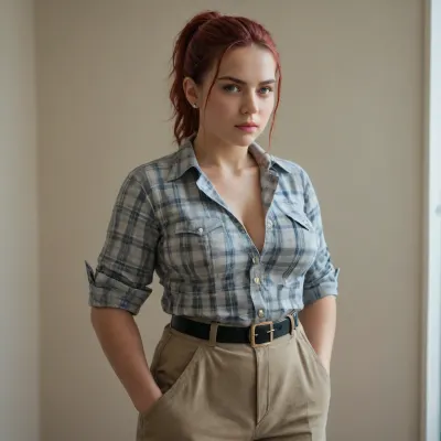 Chubby, a large young woman, is wearing a plaid shirt with the sleeves rolled up to her forearms. Grey military trousers, (wide waist belt), . The woman's arms and legs are tightly tied with ropes to the chair. She looks at me with hatred, a very angry look from under her brows. Very large hanging breasts.The shoulders are very wide. Short red hair, very wet, bangs, ponytail. The body is plump. Very strong, muscular forearms. Powerful and strong shoulders. A mouth with wide fleshy lips.