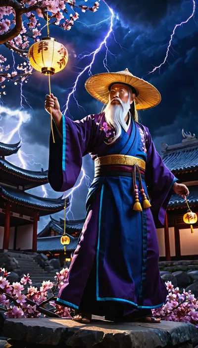 (masterpiece), (best quality), (extremely detailed CG unity 8k wallpaper), (anime style), (digital painting), an ancient asian sage channeling lightning, (((glowing blue eyes under a straw hat))), wearing an elaborate traditional dark blue kimono with intricate gold and silver embroidery, reaching hands in front, long white beard, standing on a stone ledge, (numerous lightning strikes in the stormy dark purple and blue sky), (sakura trees in full bloom with pink flowers and falling petals), traditional asian architecture in the background with glowing lanterns, volumetric lighting, epic, dramatic, depth of field, high contrast, vibrant colors