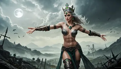 This is a digitally created fantasy artwork depicting a powerful, nude female sorceress standing confidently at the center. She has pale skin, long silver hair, and wears a metallic, crown-like headpiece. Her arms are outstretched, and she is surrounded by swirling green magical energy. Her breasts are medium-sized, and her physique is slender yet toned. She is adorned with intricate, black, armor-like thigh guards and a matching loincloth that is barely visible.

In the background, the sky is dark and cloudy, with a bright full moon casting an eerie glow. To her left, a skeletal figure with a twisted, gnarled appearance and a skeletal arm raised in a threatening gesture is partially visible. To her right, a tall, muscular, humanoid figure with a skull-like face and a massive axe stands menacingly. Another skull is floating near the bottom left, with dark, misty tendrils extending from it.

The color palette is dominated by green, and gray tones, creating a dark, mystical atmosphere. The textures in the image are highly detailed, with the sorceress's skin and hair appearing smooth, while the background elements are more rugged and eerie. The overall style is reminiscent of dark fantasy and gothic art.