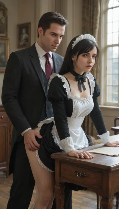 Victorian style, a man in a suit, fucking a maid from behind, punishment, standing fucking from behind, a man lifted the maid's skirt, panties push down, man angry face, there are men standing behind waiting for their turn, they got the walls out of their pants, High desk, Lana, Rhodes, ohwx, women, Victorian, London, Empire, Tifa, Lockhart, <lora:Empire_SDXL_OnSite:1.5>, <lora:Tifa-Lockhart-Pony:1.5>