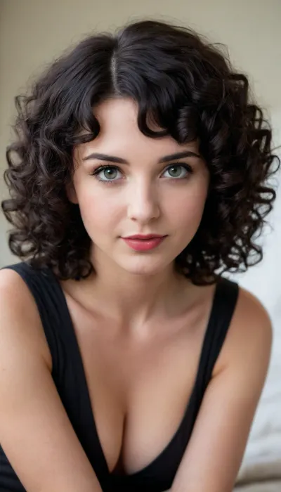 ziprealism, (adorable pose, coy, soft shy smile, sparkling eyes, soft facial features:1.2), (sitting, shoulders forward, soft pale breasts, teardrop breasts:1.6), (glossy hair, jet black hair, curly hair, hair with small tight curls, short hair, voluminous hair:1.8), (vivid red lipstick, full lips, moist lips), (warm natural lighting, shallow depth of field, strong saturation, vintage analog lens, Dutch Angle, focus on eyes, closeup:1.2), (goosebumps, vellus hairs, perfect eyes:.4), (natural skin texture, maximum quality skin texture, RAW photography, uncompressed:.4), (cozy bedroom, large comfortable bed)