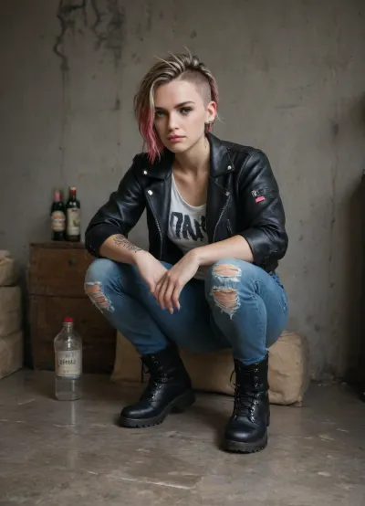 London, 1975, punk culture, full body view, 20 year old, skinhead with mohawk haircut, blonde, squatter apartment, filthy apartment, ripped blue jeans, worn out jeans, white t-top, black leather jacket, black boots, dirty hair, piercings, punk decor, broken furniture, strewn empty alcohol bottles, strewn empty beer bottles, old dirty mattress on floor, pink dyed hair, no electricity, dim, dark