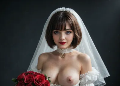 Emo girl, girl 25 years old, brown hair, (bob cut with bangs:1.5), smile, Blue eyes, goth girl, goth makeup, red lipstick, cat eye makeup, smudged makeup, nude tits, topless, big slaggy breasts, milky breasts, beautiful breasts, big nipples, erect nipples, snow white wedding dress, juliet sleeves, white choker, gold jewelry, happy, white veil, (black background), (3/4 view), white corset, One Beautyful bride in white gown with frosted red berries print at Long sleeves, veil with Silver Snowflakes application. Winter white coat with Fake fur. Sparkle, Bokeh. Roses and berries Bouquet and Archway. Outdoor, Aurora, Ethereal., cinematic shot, dynamic lighting, 75mm, Technicolor, Panavision, cinemascope, sharp focus, fine details, 8k, HDR, realism, realistic, key visual, film still, cinematic color grading, depth of field.

Overall, it's an absolute world-class cinematic masterpiece. It's an aesthetically pleasing cinematic shot with impeccable attention to detail and impressive composition., <lora:Harness_Straps_sdxl:2>