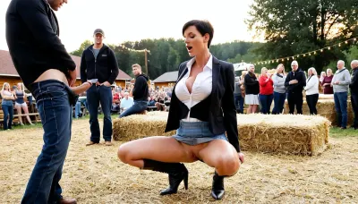 A MILF having vaginal sex with village farmers, on a podium at a rural community event, (milf has slim athletic build with medium sagging breasts, very short jet-black pixie cut, striking angular face with full lips), (milf wearing a fitted black blazer, light blue office shirt unbuttoned, short black fabric skirt hiked up, and black high heels), farmers in rugged work clothes like flannel shirts, worn jeans, and boots, each with varied builds, rustic village square at dusk with a wooden stage, scattered hay bales, string lights, and a crowd of villagers in casual rural attire watching from below, amateur photography style, slightly grainy with uneven focus, realistic skin and fluid textures, warm dusk lighting with golden hues, candid low-angle composition emphasizing the action, 4K resolution, subtle dust particles and natural shadows, raw and unpolished erotic aesthetic.
