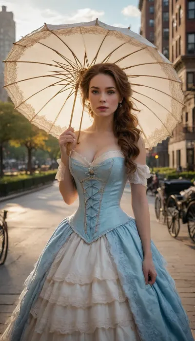 Cinematic, ultra-realistic, hyper-realistic, golden hour, 35mm, 19th-Century New York, sunset, bright day, billowing clouds, horses and carriages, Central Park. Beautiful woman dressed in Victorian lace, blue eyes, (holds a parasol), long brunette hair, ample breasts, tight blue corset, (walking between buildings), woman looks at the city, thoughtful, (saturated, colors)