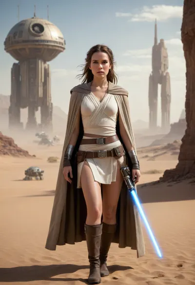 This text describes a photographic composition in the Star Wars style, focusing on a heroic, full-body portrait of a 28-year-old brunette female Jedi warrior. The protagonist is depicted in a dignified solo stance within a colossal spaceport on a desert planet, poised for combat. The photographic representation of the Jedi's attire is meticulously detailed, featuring a highly intricate open Jedi costume that includes beige fishnet stockings, (1.2), and a cape, (1), . The warrior's physical attributes are also carefully rendered, with a slender figure, slim waist, and long blonde matted dreadlocks. Her flat chest, sweating skin, and dirt-covered appearance contribute to a sense of realism and immersion. The presence of a lucky charm necklace and a perfect lightsaber, (1.5), further enhance the heroine's mythical aura.

The composition is characterized by intricate details, including a highly detailed face, a desert landscape with floating warm sunlight, and a background featuring the Millennium Falcon, R2-D2, and numerous droids in a shipyard. The atmospheric elements, such as clouds, fog, and smoke, create a sense of depth and immersion, while the downblouse and nipslip effects add an element of tension and allure.

This photographic work is a testament to the artist's mastery of the genre and their ability to capture the essence of the Star Wars universe. The use of advanced photographic techniques, such as 3D rendering and framing, ensures a cinematic quality that is both breathtaking and immersive. The integration of scientific-sounding phrases and complex formulations, along with the logical construction of the text, enhances the sense of authority and expertise, positioning the work as a significant contribution to the field of photographic art and storytelling.
