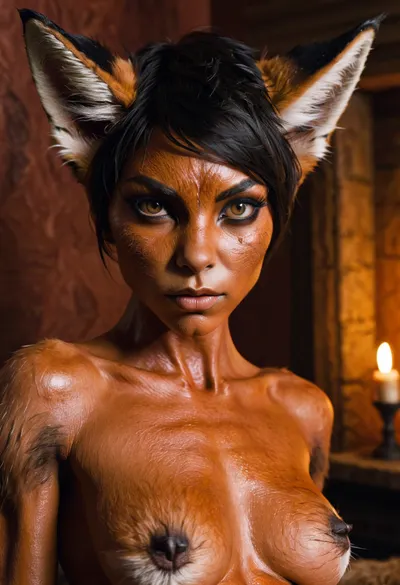 masterpiece, fit vascular, skin fox, full motled, pele realista, ultra realismo, alta definição, fundo solido, skinny, (wearing torn very tightly fitted clothes:.6), (intense possessed eyes), eyeliner, veiny legs, (intense veins all over her body:.5), (black detailed vein texture:.7), (transforming into a anorexic furry fox-girl:.3), (infected bulging black veins:.7), (intense detailed pussy texture:1.1), (sharp claws on her hands:1.03), creating a striking and edgy aesthetic, subtly softening the bold composition, (angry, fighting with viewer:.7), full extra wide angle, full view, 4k details, extra detail, pointed ears, (full body view:1), wanapi, fur, <lora:wanapi:.3>