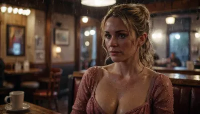 cinematic film still of a sexy busty MILF in a cafe on a rainy night, filmic, vignette, highly detailed, high budget Hollywood movie, bokeh, cinemascope, moody, epic, gorgeous, film grain, grainy, <lora:filmicVibesXL_v1.1:2>, <lora:MJ52:2>, <lora:add-detail-xl:2>, <lora:Picture_enhancer:.8>