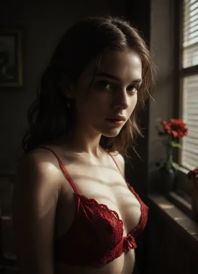 (masterpiece, best quality, absurdres), 1.2, artistic portrait, beautiful jackie, flowers, hairstyle, sexy, cute, (young:1.2), red lingerie, colorful, (dynamic lighting, shadow detailed), (highly detailed), 1.4, speed art, cinematic lighting, neon glare, red and blue soft additional colors, large window with blinds, through the blinds the sunlight covered her beautiful small breasts with rays of the sun, small oreols, no nipples, (Low-key), lighting, Style, dim, low, dramatic, small, breasts, boobs, tits, (small boobs:1.4), backlight, style, hair, light, dim light low key style, (red and cyan complementary colours:1.2), eye contact with viewer, turn head towards the viewer, <lora:jackie_blabla_v10:.5>, <lora:dark:.2>, <lora:hrg:.4>, <lora:Chubby BBW - XL:.1>, <lora:milkers_v2:.1>