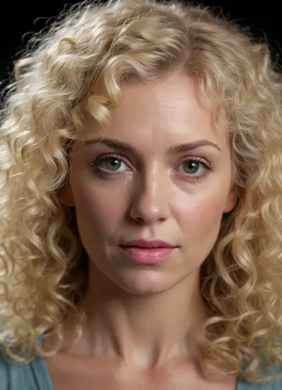 ultrarealistic, 8K HD, detailed woman 50-years old, (curly blond hair:1.4), close-up on her face, detailed face, detailed hair