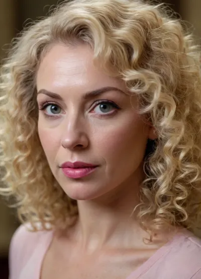 ultrarealistic, 8K HD, detailed woman 50-years old, (curly blond hair:1.4), close-up on her face, detailed face, detailed hair, thin eyebrows, light pink lipstick