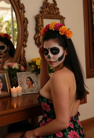 Photorealism, photorealistic, realistic, {prompt}, lifelike, highly detailed, ultra-realistic, cinematic lighting, 8K, preparing for the Day of the Dead celebrations in Mexico, (a beautiful woman with Mexican features creates festive makeup in the form of a skeleton mask on her face:1.4), (close-up), sitting in front of a large carved mirror reflecting a home holiday altar with candles, photographs, skulls, (flowers:1.6), turns and looks at the viewer, (face painted like a mask in the traditional style for the Day of the Dead holiday:1.6), (black hair styled in a wreath of flowers:1.1), (in a festive Mexican dress:1.2), (clear details of what is happening), the reflection of candles in the mirror, clear lighting of the room and the girl, golden hour.