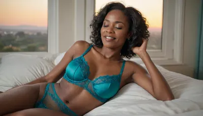 skinny black african woman, 50 years old, laying in bed, in teal lingerie, sheer lingerie, eyes closed, smiling, sunset shining through window, sexy pose, wrinkles on skin, great detail, full body, QuarterCup, <lora:236276_training_data:1.1>