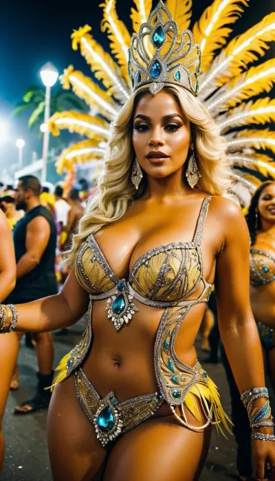 rainha do carnaval, blonde, Rio de Janeiro, parade, dancing, super curvy and busty, sexy carnival outfit
