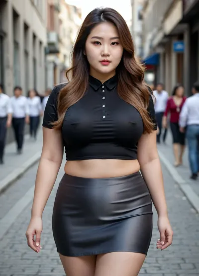 oung fat Korean woman in her twenties with large upper body. Black silk shirt with three buttons undone, miniskirt with deep side slit. Long wavy hair. Walking down a street in the city centre. Side view. Stylish. Sharp professional photo, 4K resolution., plump, skindentation, chubby, bbw, venus, body, big, breasts, ass, <lora:Chubby BBW - XL:2>