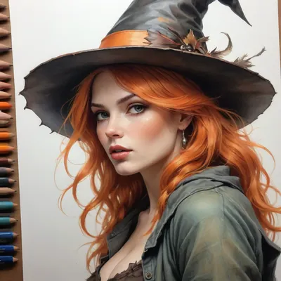 woman, Fashion sketch, fashion concept art of a, ((high-quality drawing with colored pencils)), natural busty Halloween witch with a nontraditional witch hat and orange hair, full portrait, pinup style, intricate details, (((high quality sketch details Jean Baptiste Monge))), Carne Griffiths, Michael Garmash woman, Fashion sketch, fashion concept art of a, ((high-quality drawing with colored pencils)), natural busty Halloween witch with a nontraditional witch hat and orange hair, full portrait, pinup style, intricate details, (((high quality sketch details Jean Baptiste Monge))), Carne Griffiths, Michael Garmash