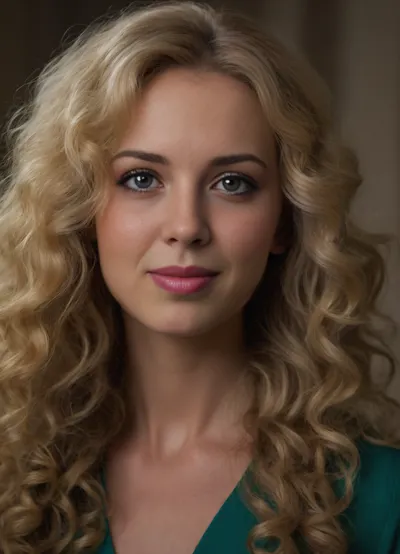 ultrarealistic, 8K HD, detailed woman 50-years old, (very long highly curly blond hair:1.4), close-up on her face, detailed face, detailed hair, thin eyebrows, (thin lips:1.4), light pink lipstick, (emerald eyes:1.5), almond-shaped eyes, detailed eyes, thin face, thin nose, 3/4 view, smiling