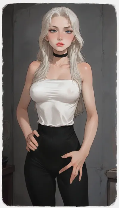 white tube-top, black tight pants, (seductive horny face:1.4), (makeup), black choker, (white long hair:1.4), (narrow waist:1.4), (erected nipples:1), (front view:1.4), (athletic body:1.5), (wide hips with hip gap:1.4), (standing:1.3), ((ratatatat74), ((25 years old)), (pussy cameltoe:.8), (huge boobs), 90s Anime, (Outline), (cartoon), incase style, concept, art, by, syd, mead, retro, futuristic, flat colors, Perfect Hands), <lora:ratatatat74-000050:1.1>, <lora:outline_xl_kohaku_delta_spv5x:1.8>, <lora:cartoon_stickers_xl_v1:.6>, <lora:NEOTOKIOXL_0.2_RC:.4>