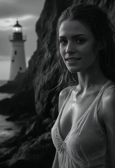 monochrome artwork, portrait of Betty, Betty is a slim, sexy 20 years old woman, nude Betty lies seductively on a rock in turbulent water near the beach and looking melancholically at the viewer. focused face, perfect face, cheerful smile, perfect teeth, shy, beautiful, Her long hair is blowing in the stormy wind. Betty's skin is wet from the rain, (hard long detailed nipples:1), backlighted from a lighthouse whose beacon breaks through the rain and fog as a bright beam and partially illuminates the night, (conical beam from the lighthouse:1.6), (magical lighthouse of elven design:1.4), It is raining extremely heavily, it is a stormy night. High waves are rising, large waves are breaking on the shore, white spray is spraying, the wind is tugging at plants and hair, high res, maximum quality, FRESHIDEAS, Real, Photography, 2#, DonMN1gh7XL, hvrn, heavy, rain, <lora:FRESHIDEAS Real Photography 2#:.8>, <lora:dark:.1>, <lora:RsmJemma1XL:.8>, <lora:DonMN1gh7rXL-000006:.8>, <lora:607315_training_data:.8>