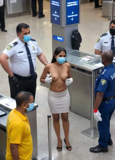 inside a TSA security checkpoint at a busy airport, ((travelers going through a security checkpoint)), cctv footage, high angle, 3/4 view, closeup on a gorgeous dark brown skin south indian woman gets a cavity search in public airport security checkpoint, metal detector wand, (airport security agents are pulling her clothes off), several fully clothed men stand behind her grabbing her and fondling, ((squeezing her tits:1)), she's being bent over stripsearched, (she's wearing fitness attire), (the men are wearing airport security attire, facemasks and medical gloves), fingers inside pussy, she looks very upset, they all look at each other, Tashruva, CCTV, Style, (she has furled brow), (many, hands, caress, a, woman's, body:1), airport, crowd, Airport, <lora:Tashruva-10:1>, <lora:SDXL-CCTV-Style-Lora:1>, <lora:realfilm_xl_v1:1.2>, <lora:JJsAirport_XL:.8>