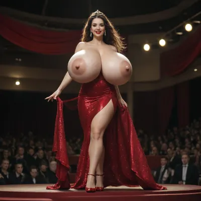 beauty contestant topless, walking the catwalk on elevated stage, ((gigantic breasts:1.3)), (large areolas:1.3), brunette, long straight hair, ((straight hair)), (bright red lips), ((slim)), spotlights, ornate theater, sparkly dress, audience, high heels, Smiling with teeth, tiara, beauty contest, legs