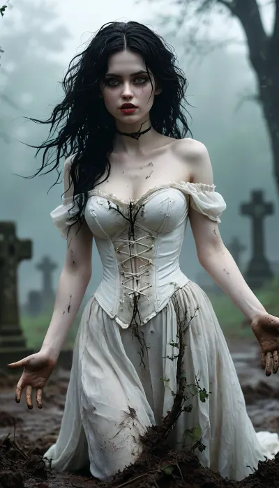 High contrast, full body view, supernatural dead girl freshly out of her grave, alternative, goth, black waist length messy and ruffled dirty black hair with tangles and twigs, pale white dead eyes, wide hips, hour glass figure, (skin painted pale white:1.7), mascara, black lips, long legs, large breasts, starved look, hands covered in soil as if she had just been digging with them, barefoot, dirty feet, sheer white off the shoulder dress and corset spotted by streaks of fresh dark soil and torn in places, ethereal, lost, unsettling, seductive, imposing, expressionless, mysterious, foreboding, haunting, shambling through a misty graveyard at dusk in the rain, head tilted to the right, left arm and hand reaching out to the viewer, <lora:detailed_notrigger:.8>, <lora:MJ52:.8>