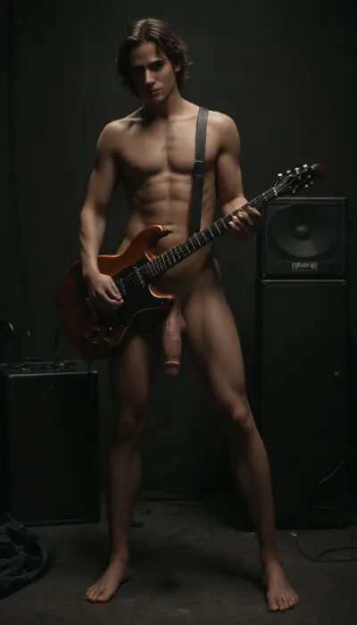 spanish, (male:1.3), gay guy, brown eyes, naked, standing, arched back, playing guitar, penis, big penis, smiling, seductive expression, long legs, penis and testicles visible, full body view, in music room, marshall guitar amplifier, studio speaker, velumia red light, designbyjens, <lora:IGdesignbyjens:.5>, <lora:dark:.7>