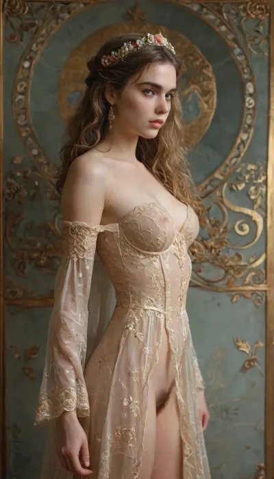 Rating_explicit, ultra realistic studio photo portrait of nude woman styled like a muse, medium breasts, hairy pussy, standing gracefully near a decorative wall, sheer translucent gown falling off her shulders, delicate jewelry and a floral crown, long flowing hair cascading down her back, elegant art nouveau backdrop with swirling golden patterns and floral motifs, soft diffused lighting, pastel color palette, ethereal mood, moody shadows, graceful pose, DSLR 8k realism, modern nude photography, (a wrought iron arch with flowing art nouveau patterns inspired by Alphonse Mucha on background:1.2), (dramatic golden light from the left side, dramatic rim light from the right side:1.4), pastel colors, floral abundance, cinematic atmosphere, professional editorial fashion photo, 8k realism, detailxl, klimt, gold, kl1m, <lora:add-detail-xl:.8>, <lora:detailed_notrigger:.8>, <lora:KlimtStyle:.8>, <lora:MJ52:.8>, <lora:kl1m:.8>