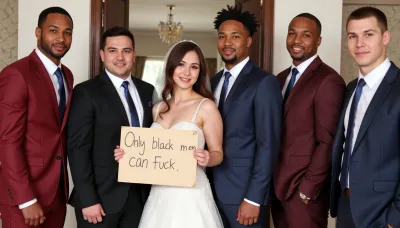 A young Iranian sexy bride poses with six super muscular black skin african males wedding guests of different ages, different faces, different suit colors. The bride holds a handmade sign with text "Only black men can fuck".