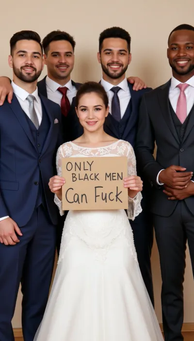 A young Iranian sexy bride poses with six super muscular black skin african males wedding guests of different ages, different faces, different suit colors. The bride holds a handmade sign with text "Only black men can fuck".