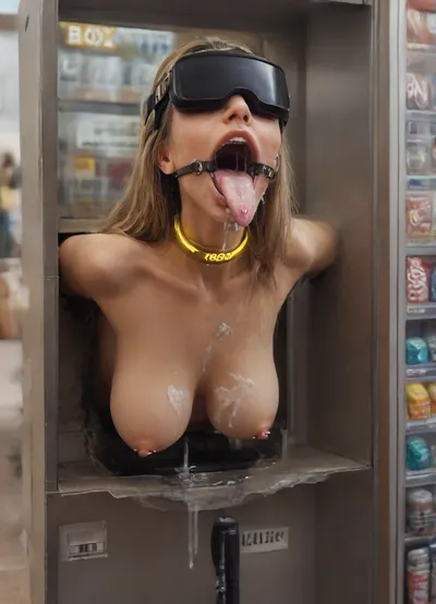 1 young sexy girl, (dark public sci-fi mall:1.3), (top side vending machine view:1.5), (very beautiful young 18 years old model girl:1.7), ((lower body hidden into metalic vending sex machine box:1.7)), (stuck with upper body from sex machine:1.7), (arms hidden back into vending machine:1.5), (leaning forward very skinny body:1.4), (only head with breasts visible:1.6), (head up:1.6), (mouth spreader ring gag:1.6), (opened very wide mouth:1.7), ((very beautiful petite girl:1.7)), (slightly satisfied:1.4), (long blond shiny hair:1.4), (innocent looking face:1.7), (very beautiful happy narrow face:1.7), (light lips:1.3), (very flat VR headset cover eyes:1.5), (tongue rounded at the end:1.5), ((very long very flat very wide white tongue hanging down:1.8)), (tongue piercing fixed:1.5), (a lot of liquid cum flows out of mouth:1.7), (cum dripping from tongue:1.3), (cum on face:1.4), (cum on breasts:1.4), (huge massive very oversized golden glowing collar:1.6), (erect nipples:1.3), (nipple piercings:1.3), (firm perky flat medium breasts:1.5), (naked wide slicone boobs spread apart:1.6), (dark skinned:1.3), (narrow cheekbones:1.5), (stunning:1.4), (barcode on boob:1.4), (tattoos:1.3), (tall:1.3), (very small areolas:1.3), (small nipples:1.3), (extremely gorgeous:1.5), (slim perfect fitness skinny body:1.7), (sexy:1.4), (modern vending machine:1.4), (golden lighting spots in vending machine:1.4)