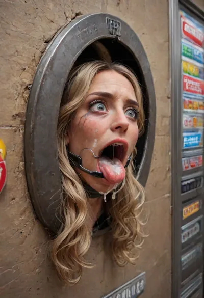 ((front side view, rotated, angle, style:1.3)), (40 years adult), (woman is stuck with her hips in a round hole with metal rim in a vending machine), (her bust is protruding from a round hole in the front of the vending machine:1.5), (stuck in hole with metal rim:1.3), (vending machine at night, slot for payment), (wide mouth spreader ring gag, gaping mouth:1.5), (leaning forward), (embarrassed, ashamed), (pleading expression:1.2), (terrified:1.6), (crying:1.2), (fear and panic:1.2), (box is low mounted, close to floor), (score_9, score_8_up, score_7_up, UHD 8K, masterpiece, best quality, maximum details, natural light, extreme realism, cinematic still), (huge penis:1.4), (she stares at erect penis in front of her face:1.3), (POV from above, she is looking up to viewer, submissive), (POV man standing and looking down, man stroking his big dick:1.1), (arms restrained to wall), (her arms left and right flat against the wall, multiple iron rings fixing her stretched arms against the wall:1.5), (POV standing man, looking down on her:1.2), (mouth wide open), (dirty blonde Swedish woman, freckles, tanned), (tan lines), (iron rings restrain her arms to vending machine), (her arms are spread eagle against vending machine:1.8), (arms restrained with iron rings:1.8), (free-standing vending machine), (her face is covered in cum:1.6), (enormous cum in er mouth:1.12), (bukkake, facial:1.48), (crying:1.3), (freckles, skin impurities), (transparent liquid:1.2), (realistic cum), (wet face:1.2), (oily skin:1.5), (stuck in a round hole with metal rim:1.6), (long blonde hair, elegantly styled hair, long wavy hair:1.5), (eyes wide open in horror:1.8), (her mouth serves only one purpose), (she's got a new job, she's a public cum dumpster), tall african man, (african mega huge brute:1.2), magazine cover, perfect fingers and hands, (extreme size difference:1.6), (ultra realistic), (maximum quality), (high resolution), (extreme detail), (ultra realism), UHD, super high quality, super high resolution, extremely detailed, cock in mouth, (brutal face fuck), Blowjob, (tears in eyes:1.5), (running makeup), (cum drips from nose:1.3), (cum drips from mouth:1.3), ultra hd, photorealistic, hyper gigantic large black cock in mouth, (((large black cock in mouth:1.3))), (one hand around her neck:1.4), choking her hard, strangling her, gasping for air, <lora:LCMTurboMix_Euler_A_fix:1.7>