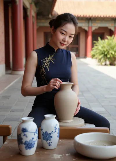 (master potter), (woman), Asian woman, (beautiful face), (working on a potter's wheel:1.3), (creating an elegant vase:1), concentrated, (one hand hidden behind the potter's wheel:1.4), dressed in a traditional Chinese sleeveless qipao dress, (dark blue qipao with gold pattern:1.1), tied hair, hairstyle with raised hair, delicate facial features, (realistic image:1.2), next to her on the table are, (white-blue porcelain items from the Yuan dynasty:1.5), (complex details), (super-detailed), (photorealistic), (depth of field), side lighting, (golden hour), diffused light, cinematic lighting, (dust particles in the air), warm glow, (in the sunlit courtyard of the Forbidden City:1.6), Chinese architecture, traditional setting, (blurred background), exquisite, (high-quality photography), 8k, professionally shot, natural lighting, skin texture, gugong, chvas, chinese_vase, <lora:1280251_training_data:.8>
