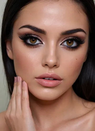 slender woman, deep tanned skin, long black hair, straight hair, black eyeliner, false eyelashes, dark eyeshadow, bathroom, ((she puts on her makeup)), highly detailed, masterpiece, best quality, sharp focus, close view, supermodel, face, big, lips, <lora:Beautify-Supermodel-SDXL:.8>