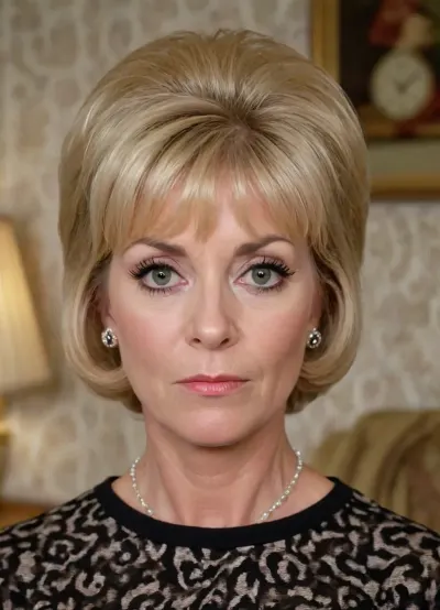 1960's, UK housewife, 55 years old, mature woman, bouffant, blond bob with bangs hair style, looking worried, ((mascara streaked tearsin)), a suburban living room, <lora:panty_pull:.8>