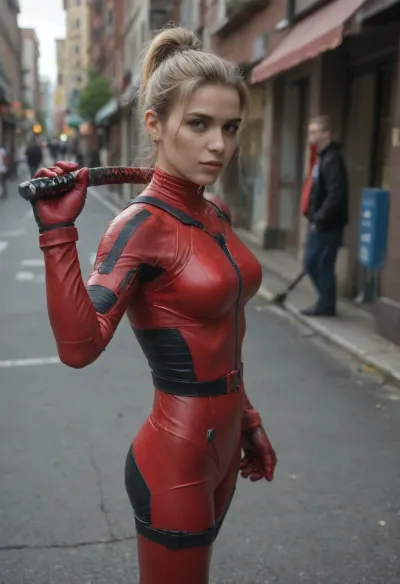 Deadpool suit, deapool mask, (blond hair), ponytail hair styles, woman, very flexible body, 2 katana on back, hostler gun, in street, sexy standing