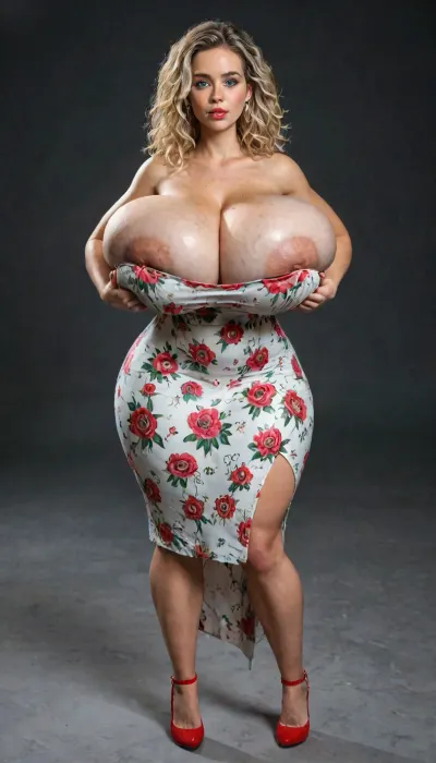 blonde virgin princess, (huge rounded breast expansion:1.3), hyper enormous colossal rounded breast expansion, (extremely colossal rounded breasts:1.3), gigantic colossal hyper breasts, (hyper massive giant breasts:1.3), gigantic boobs, (oversize massive tits:1.3), hyper massive giant breast, (unbelievable giant breast expansion:1.3), rounded breast, bare breasts, hyper rounded bubble butt, hyper wasp waist, lean, perfect puffy pink areolas, extremely beautiful, perfect face, beautiful face, large blue eyes, pouting lips, classy bimbo, round face, round cheeks, pointy chin, sexy, model, gorgeous, stunning, jewelry, clothing extremely tight, floral print sundress, red high heels, deep neckline, squeezing breasts, seductive, inviting, dynamic sexy pose, dusk, cinematic lighting, hdr, highly detailed, exaggerated wasp waist, hyper huge wide hips, hyper wide hips, exceptionally exaggerated rounded hips, full body view, <lora:detailed_notrigger:2>, <lora:LCMTurboMix_Euler_A_fix:.8>, <lora:677862_training_data:.8>, (crop, top:1), <lora:add-detail-xl:.8>